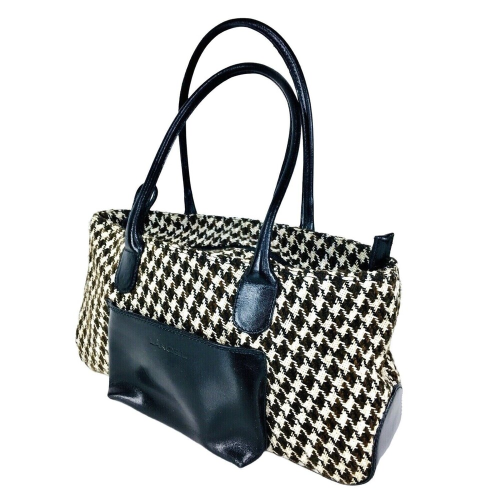 Vintage 90s Y2K Lancel Leather Tweed Houndstooth Handbag Made in Italy